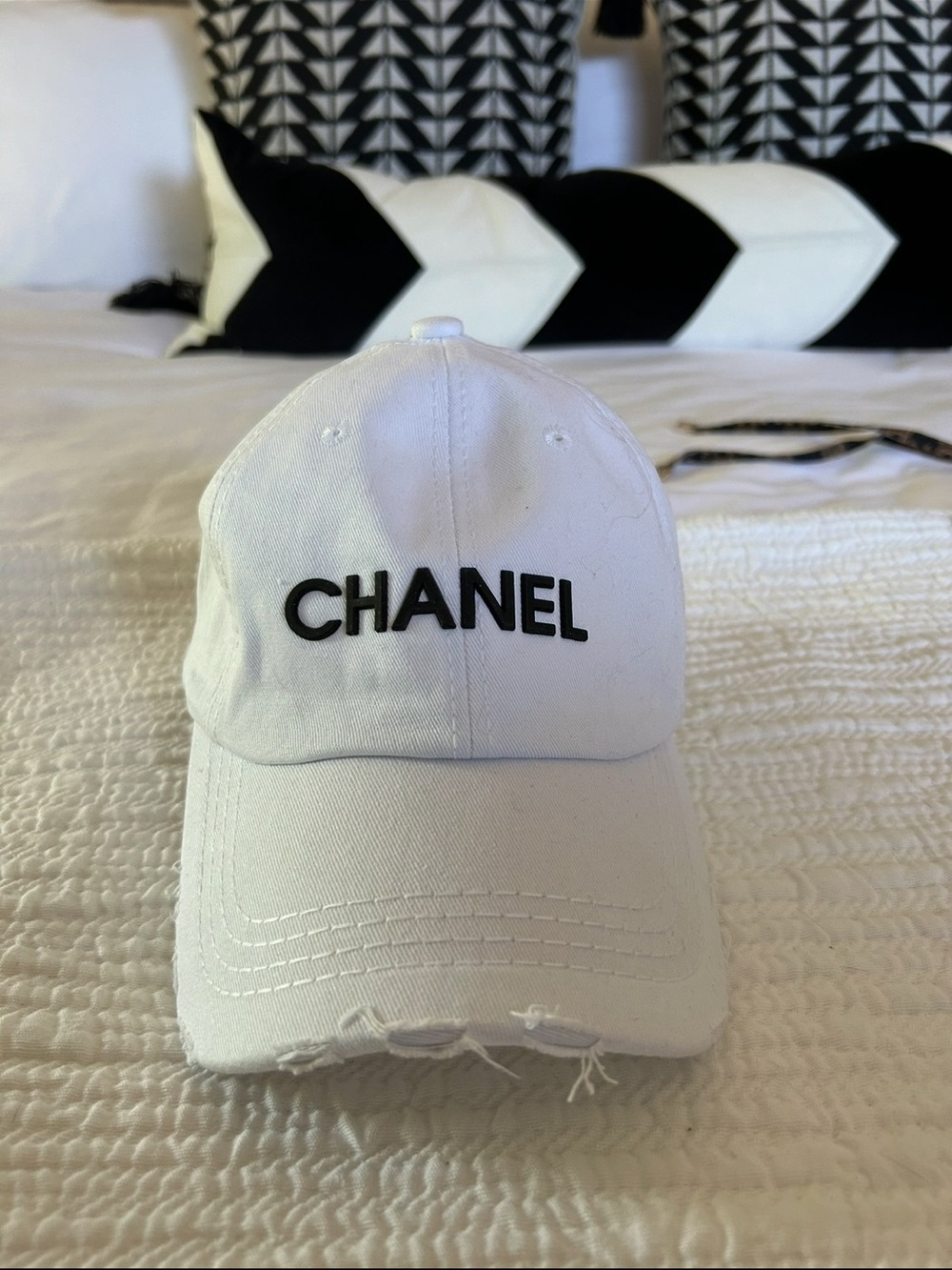 White Cotton Distressed Baseball Cap - Women’s Accessory - Picture 2 of 4